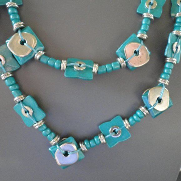 Turquoise & Silver Double Strand Necklace 20" with 4" Extender Zevar By Treska - Picture 3 of 6